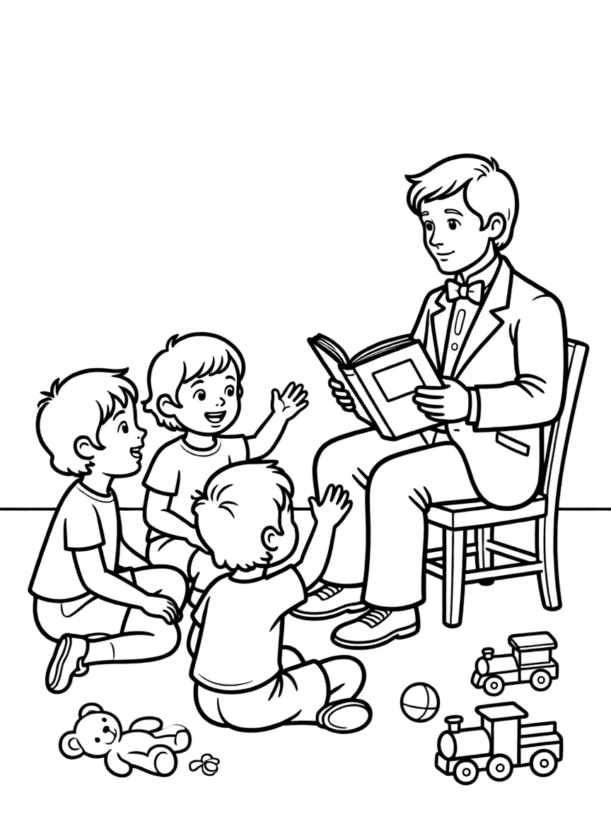 (Denmark) Hans Christian Andersen reading a storybook to children.