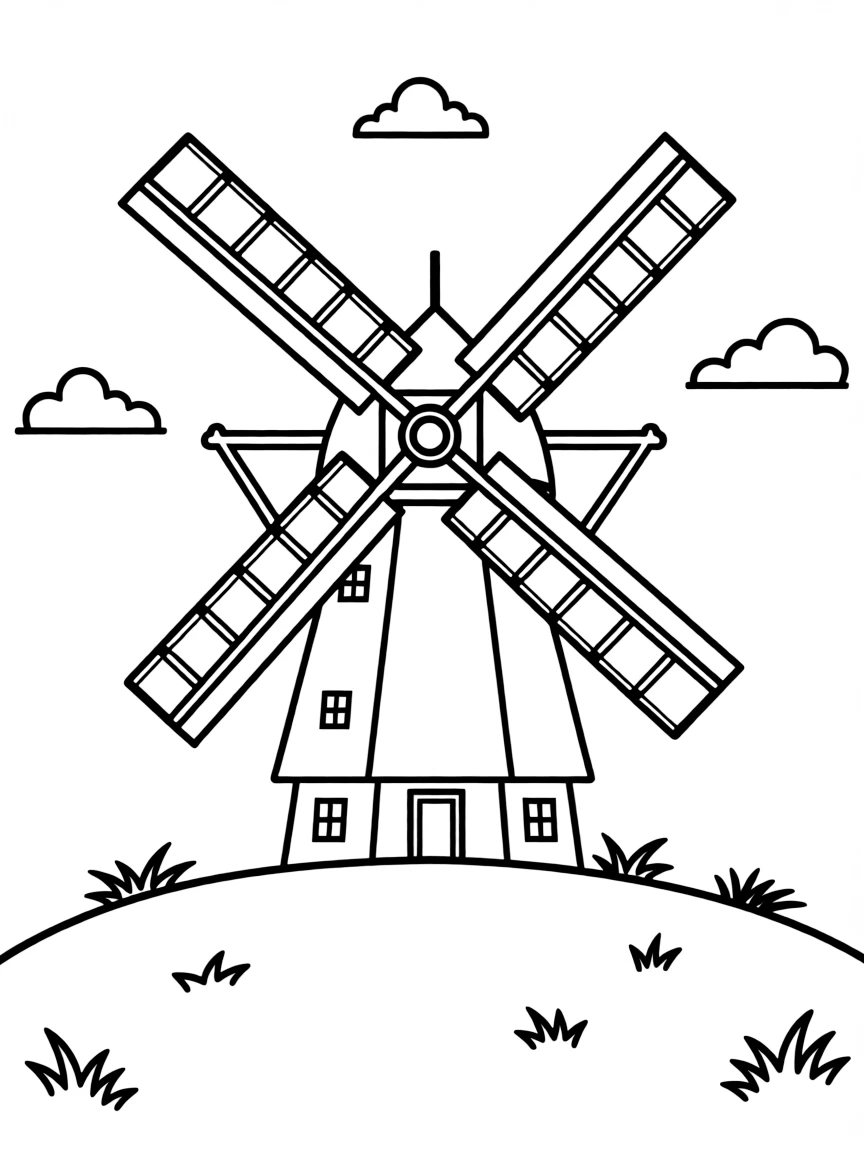 (Denmark) An old windmill with wooden sails on a grassy hill.