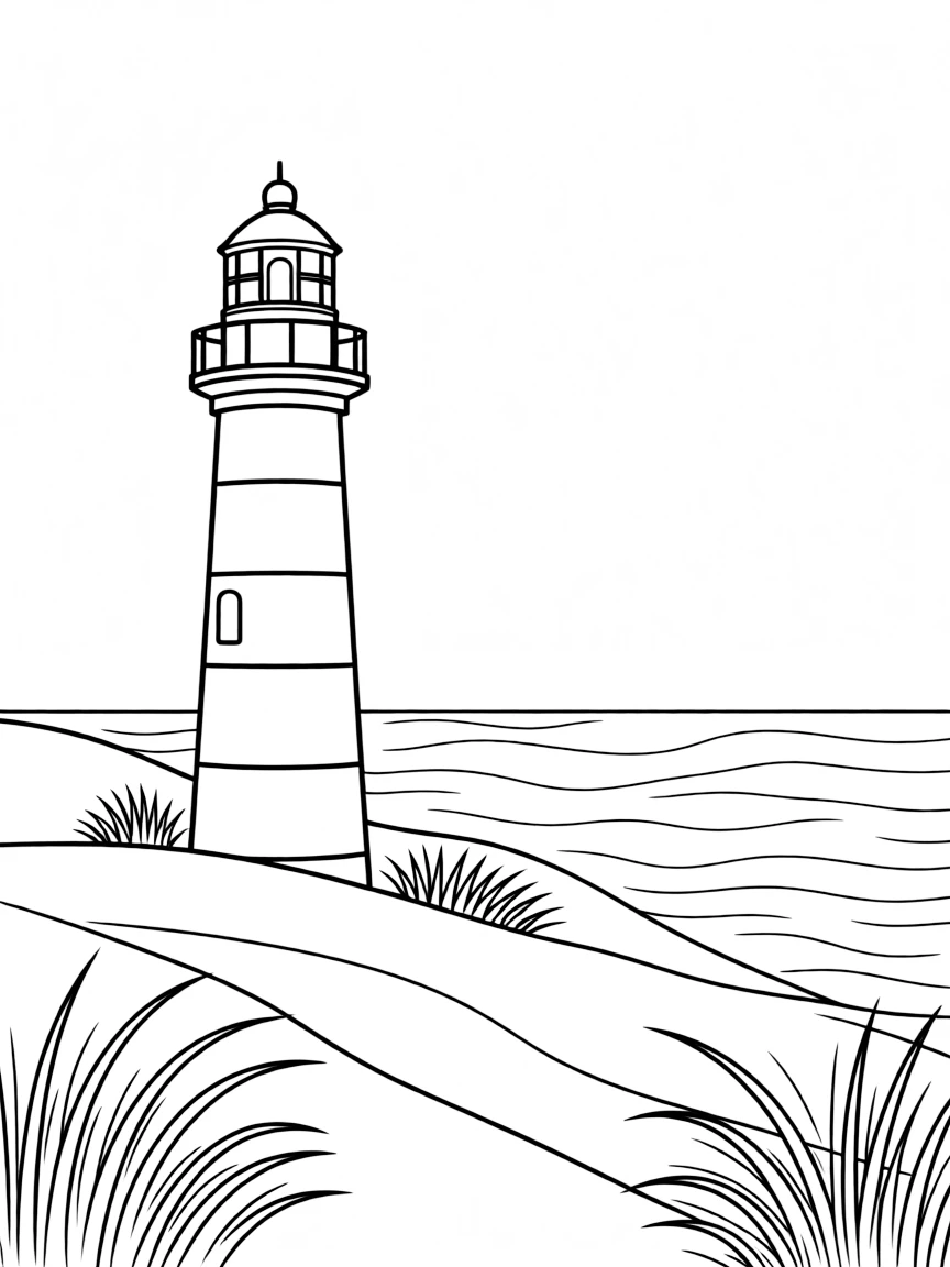 (Denmark) A lighthouse standing on a sandy dune by the North Sea coast.