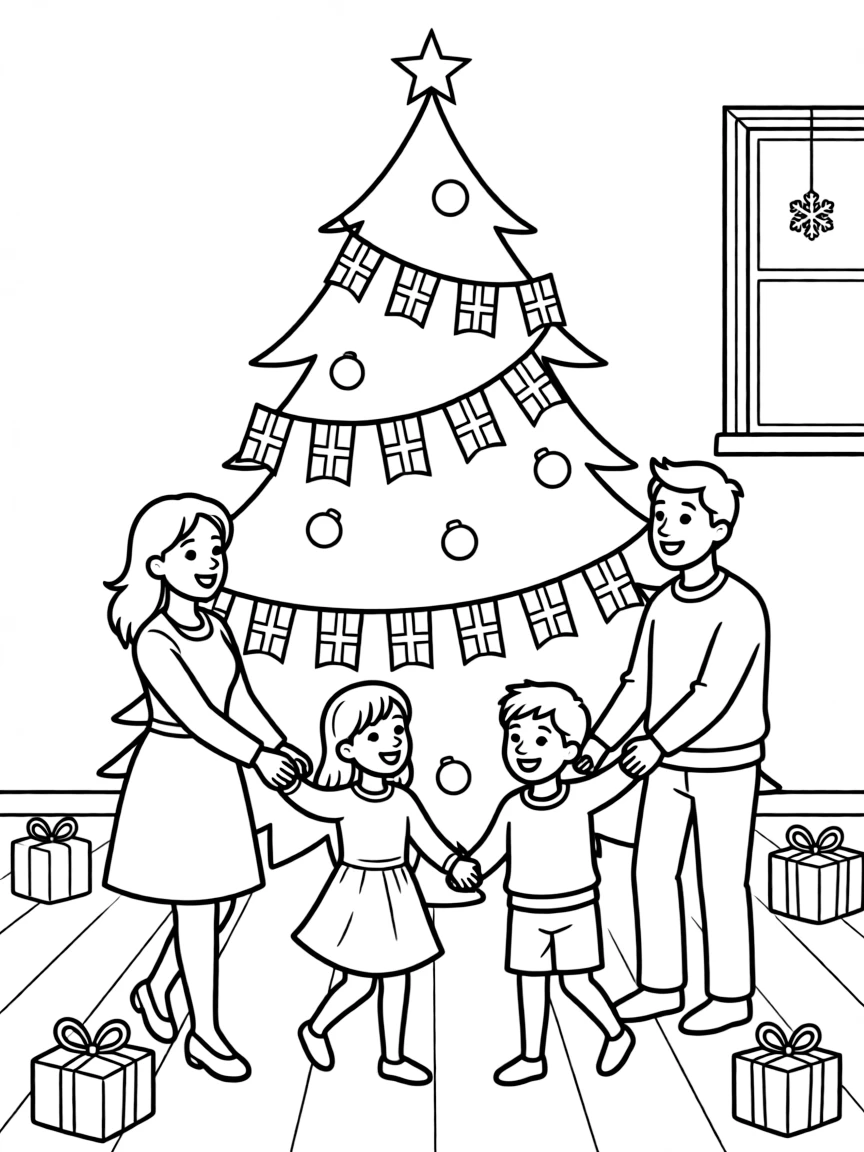(Denmark) A family dancing around a Christmas tree with Danish flag garlands.