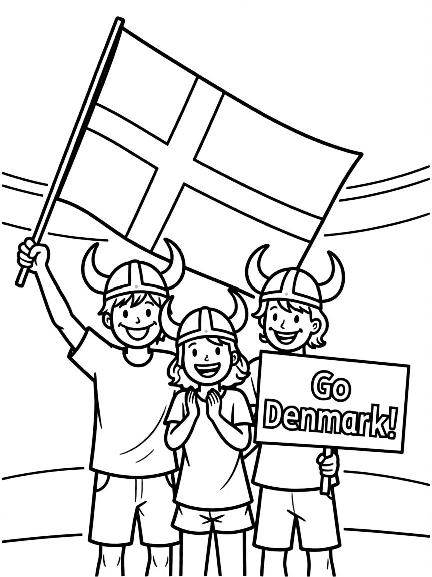 (Denmark) Fans wearing Viking helmets and Danish flags cheering at a game.