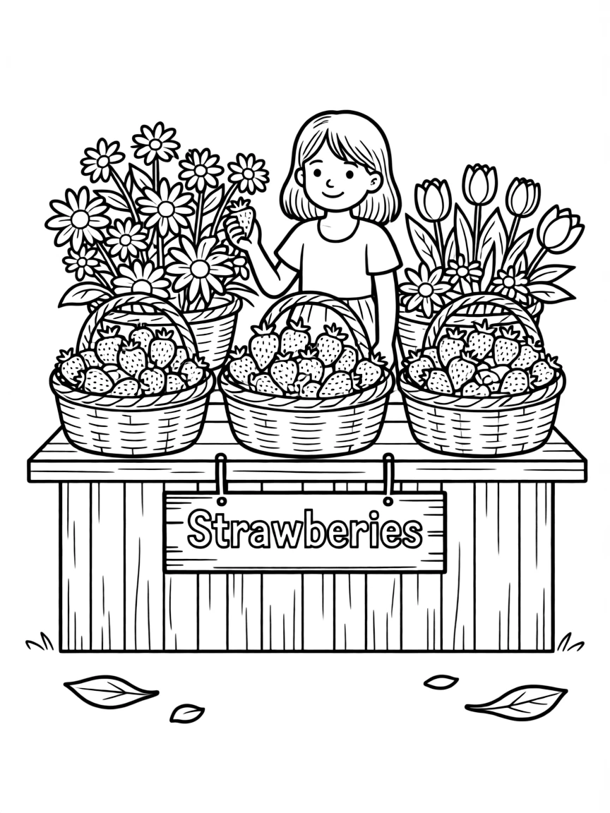 (Denmark) A market stall with baskets of fresh strawberries and flowers.
