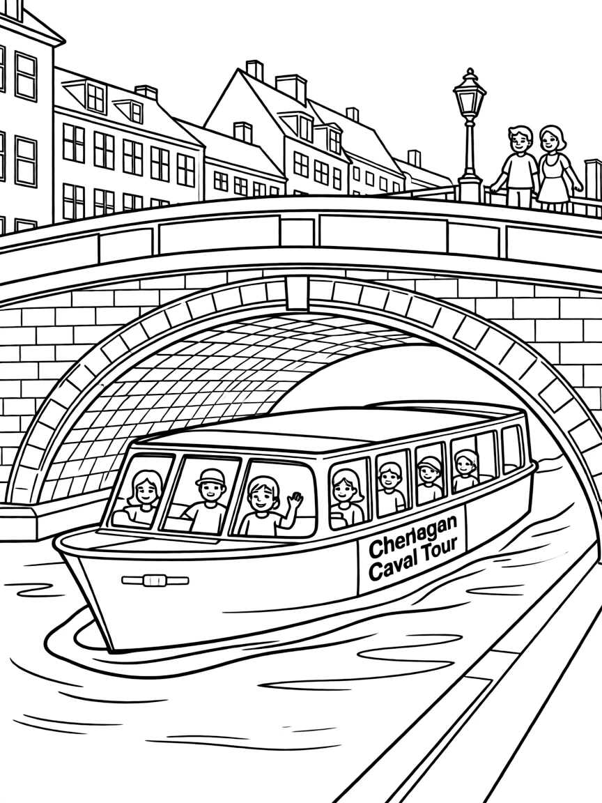 (Denmark) A canal tour boat passing under a low bridge in Copenhagen.