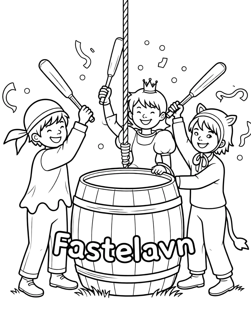 (Denmark) Children dressed up and hitting a barrel for Fastelavn (Carnival).