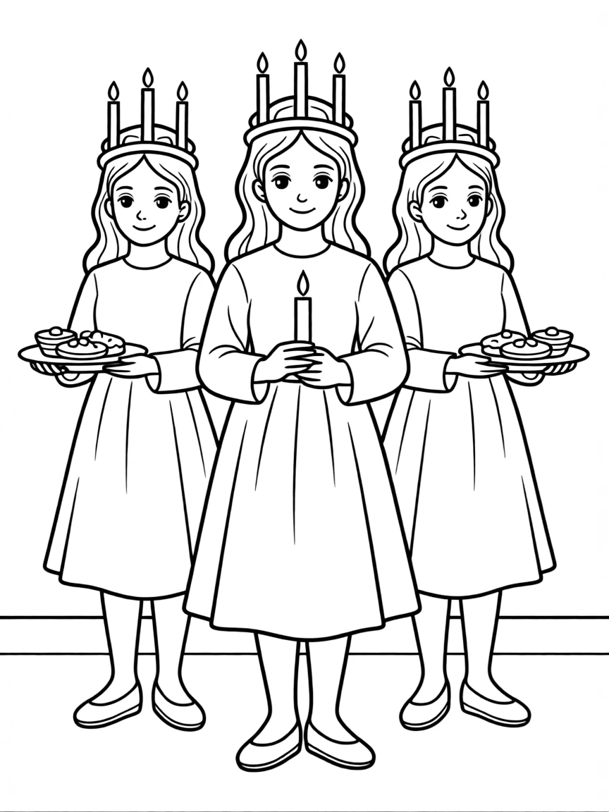 (Denmark) Girls in white dresses with candle crowns for Saint Lucia Day.