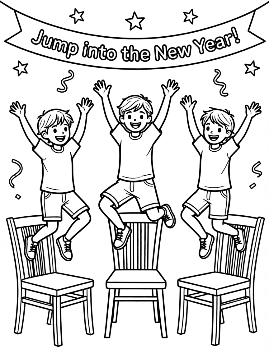(Denmark) Friends playfully jumping off chairs to “jump into the New Year”.