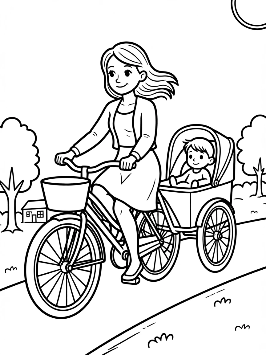 (Denmark) A mother pushing a baby pram while biking, typical in Denmark.