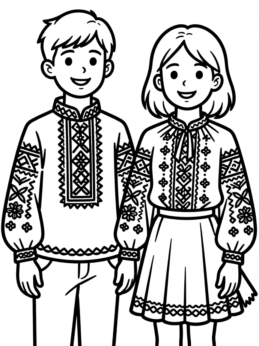 (Ukraine) Two children wearing colorful embroidered shirts (vyshyvankas).