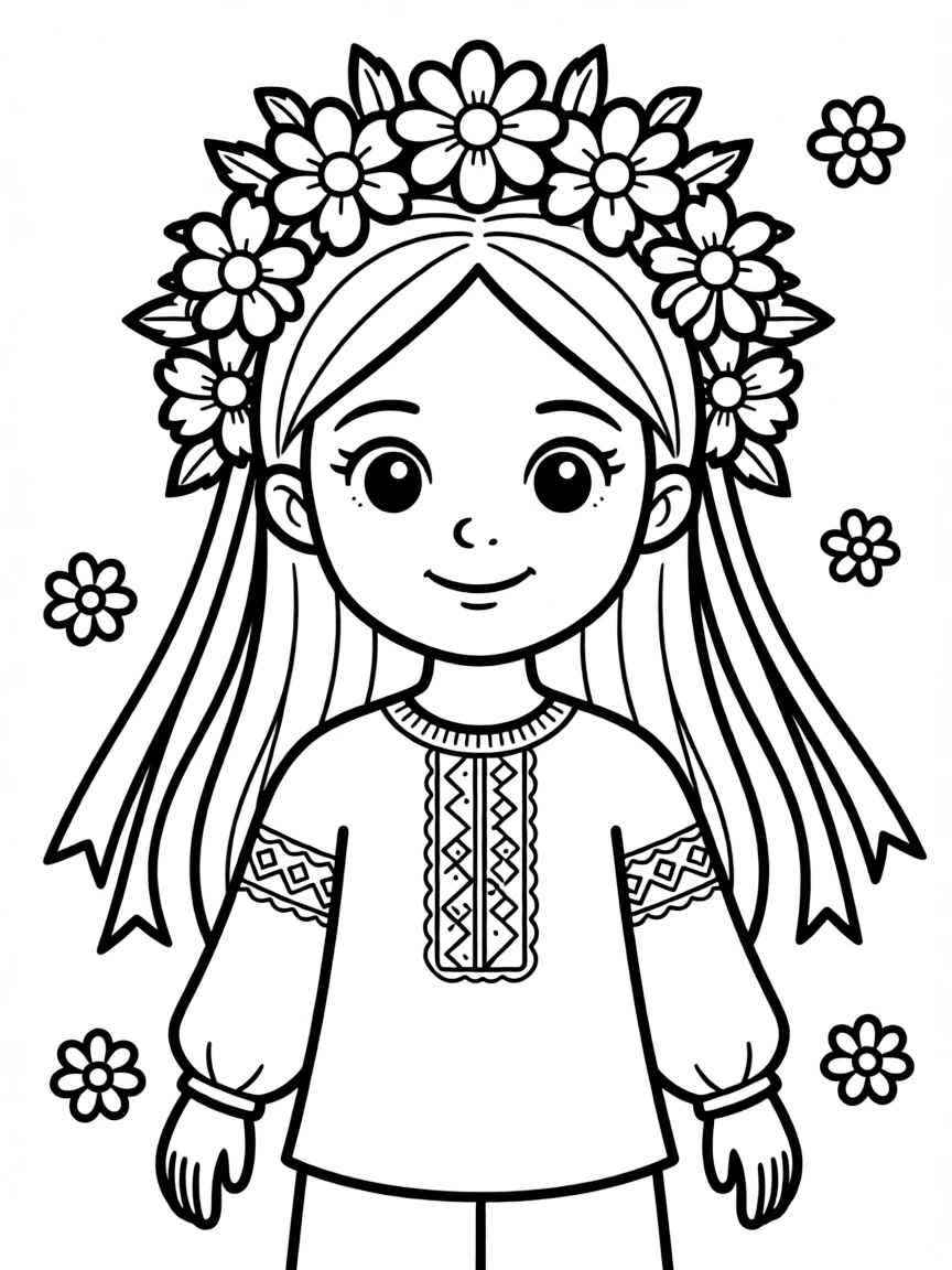 (Ukraine) A young girl with a flower crown (vinok) and ribbons in her hair.