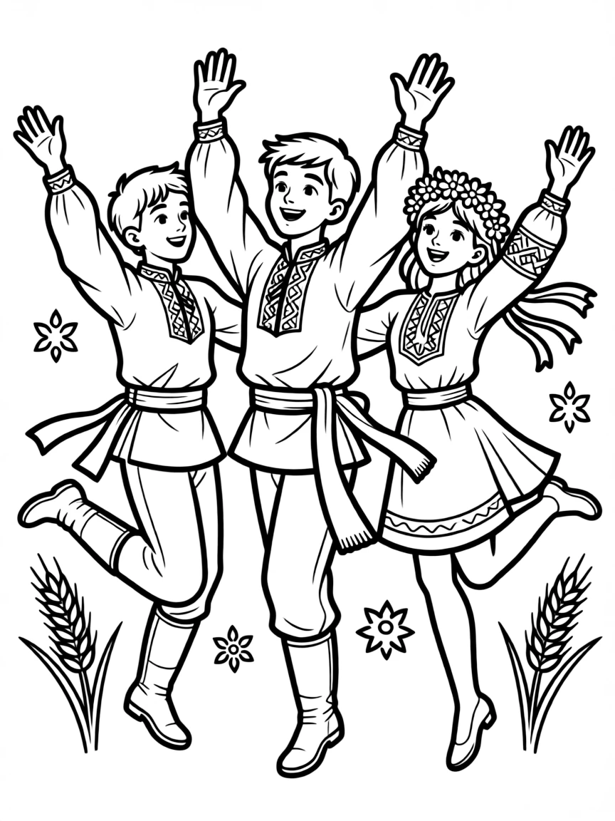(Ukraine) Dancers performing a lively Hopak dance with high leaps.