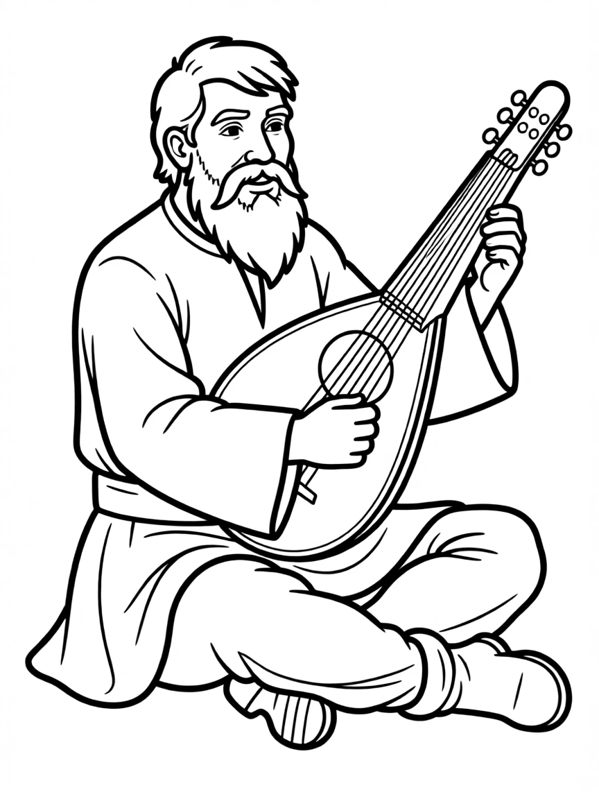 (Ukraine) A Cossack with a long mustache playing a bandura (folk lute).
