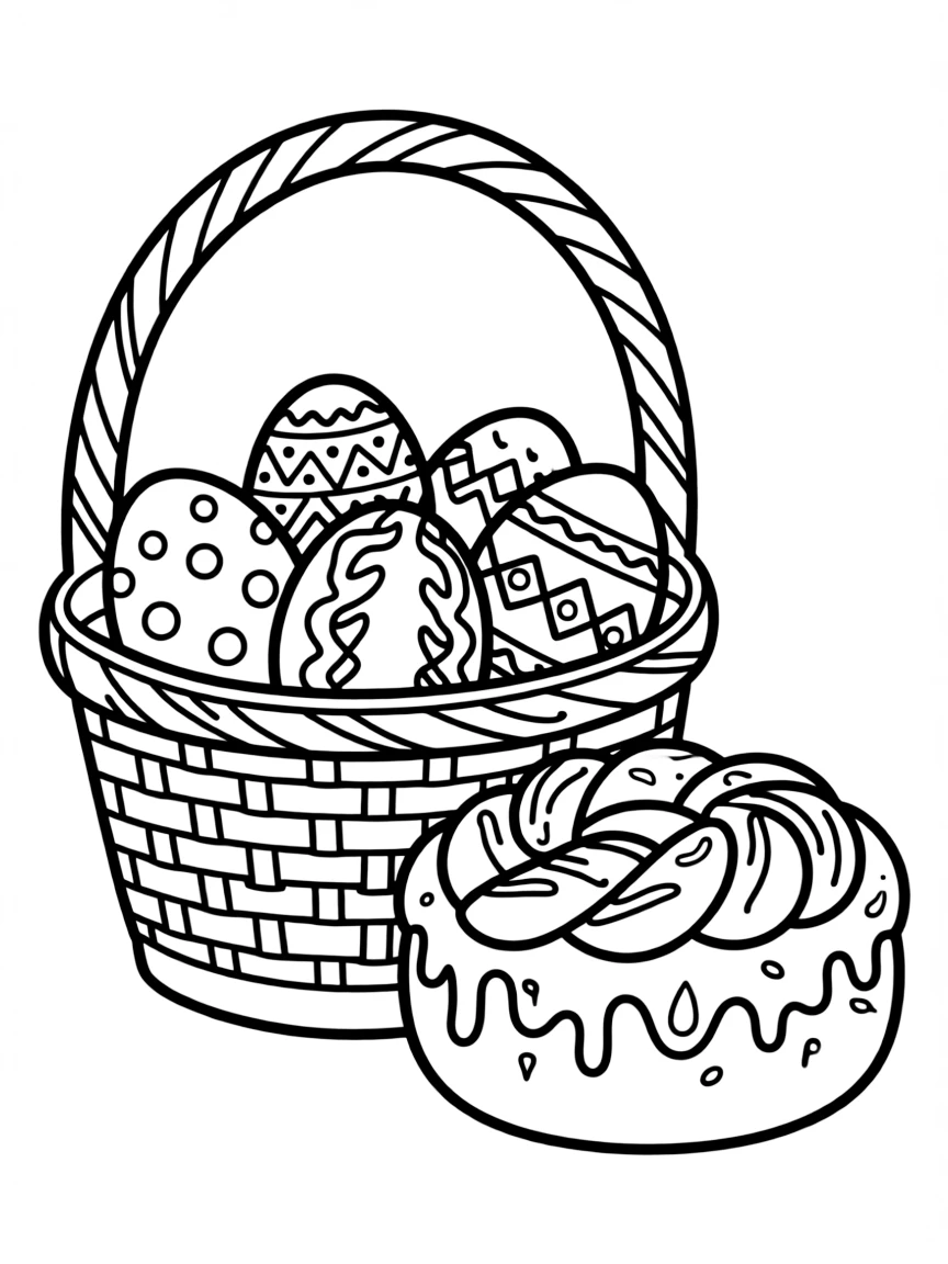 (Ukraine) An Easter basket filled with pysanky eggs and a round paska bread.