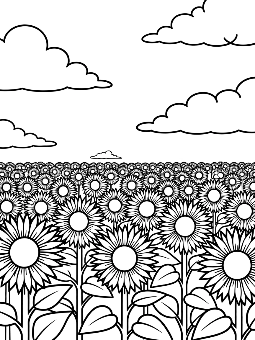 (Ukraine) A wide field of bright sunflowers under a blue summer sky.