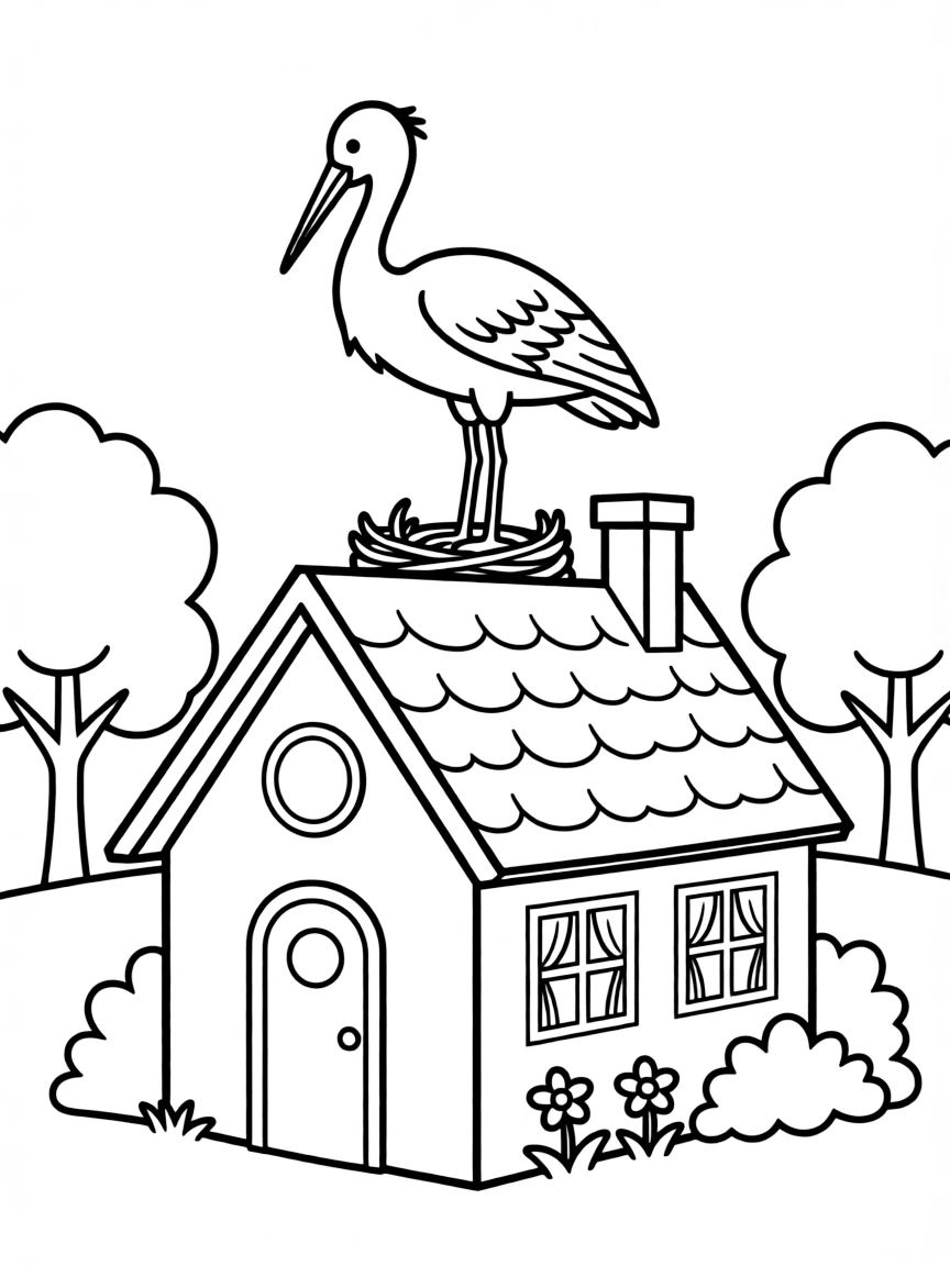 (Ukraine) A white stork nesting on a cottage roof in a village.