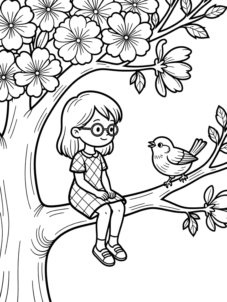 (Ukraine) A nightingale singing on a branch of a blooming tree.