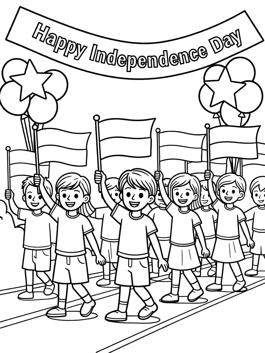 (Ukraine) Children waving Ukrainian flags at an Independence Day parade.