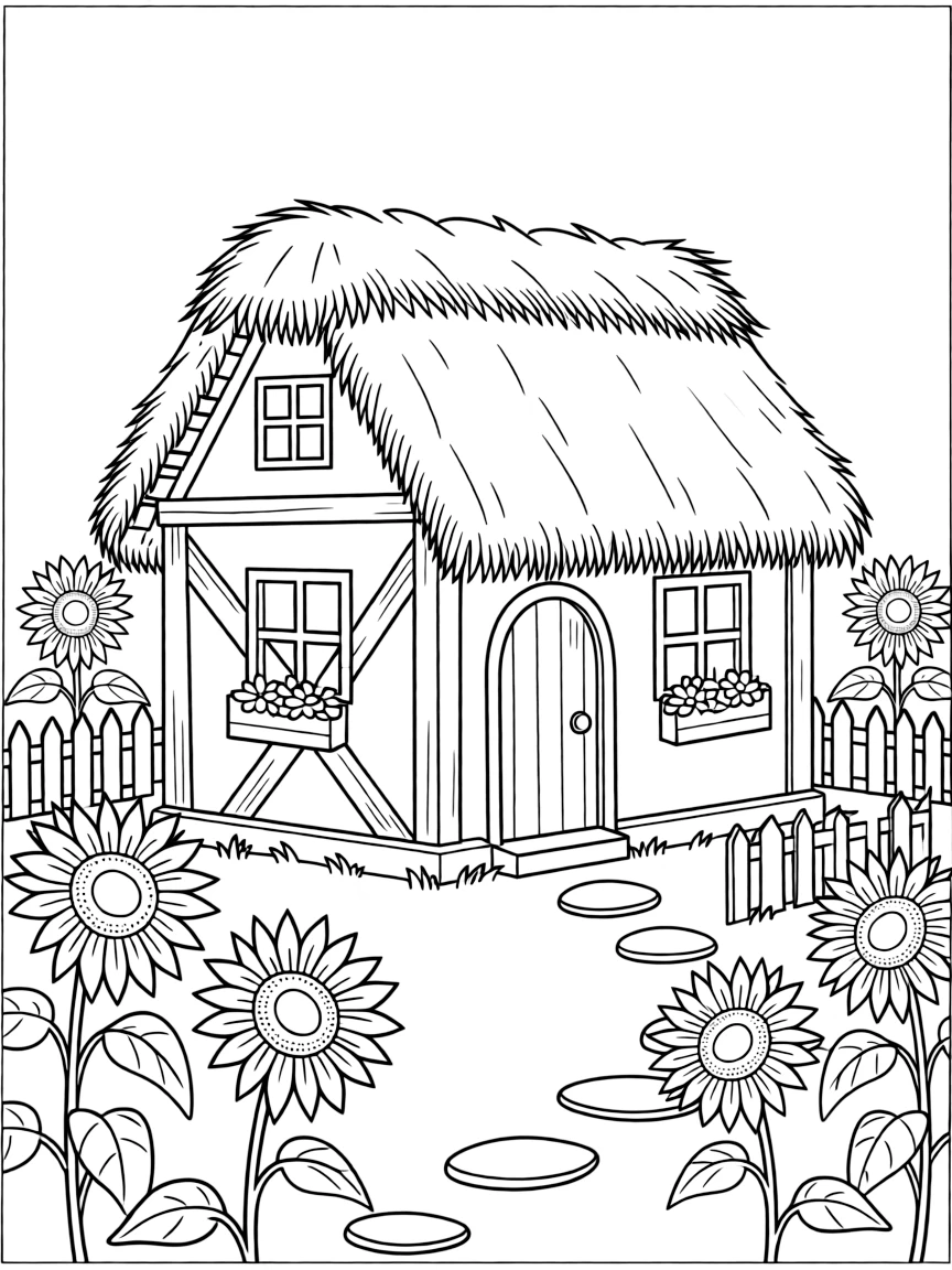 (Ukraine) A cozy cottage with a thatched roof and sunflowers in the yard.