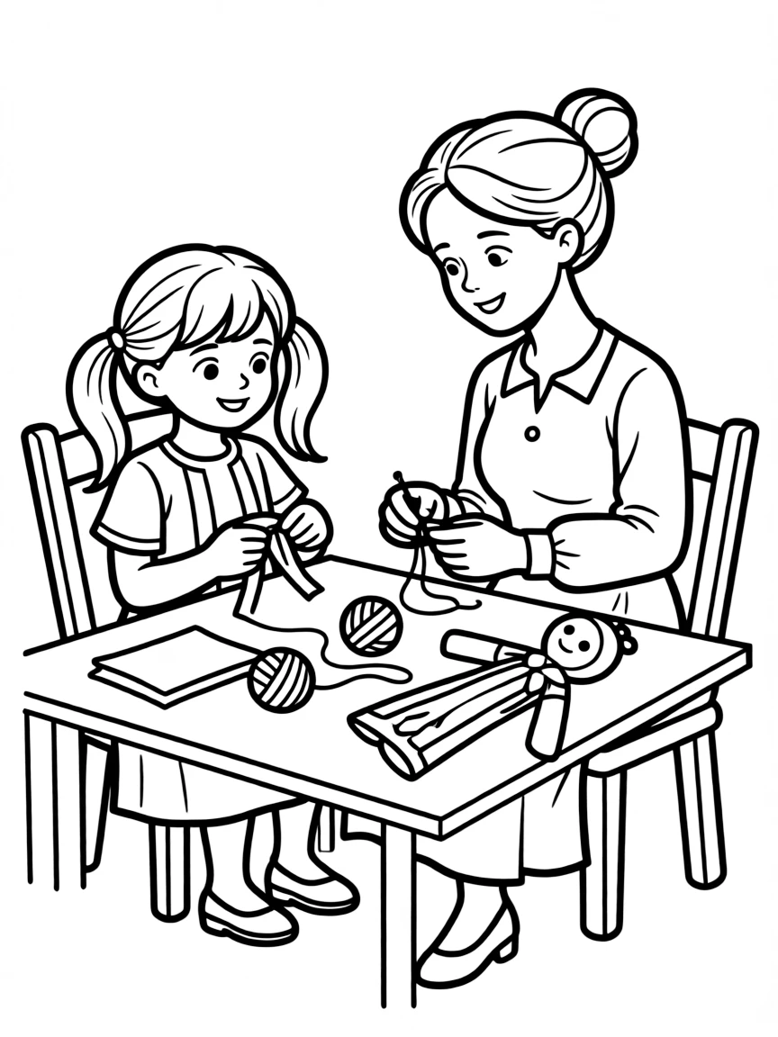 (Ukraine) A mother and daughter making a motanka rag doll together.