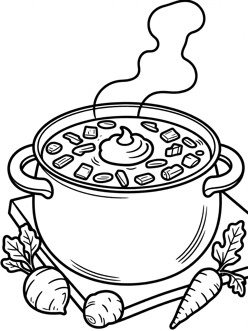 (Ukraine) A steaming pot of red borscht soup with sour cream on top.