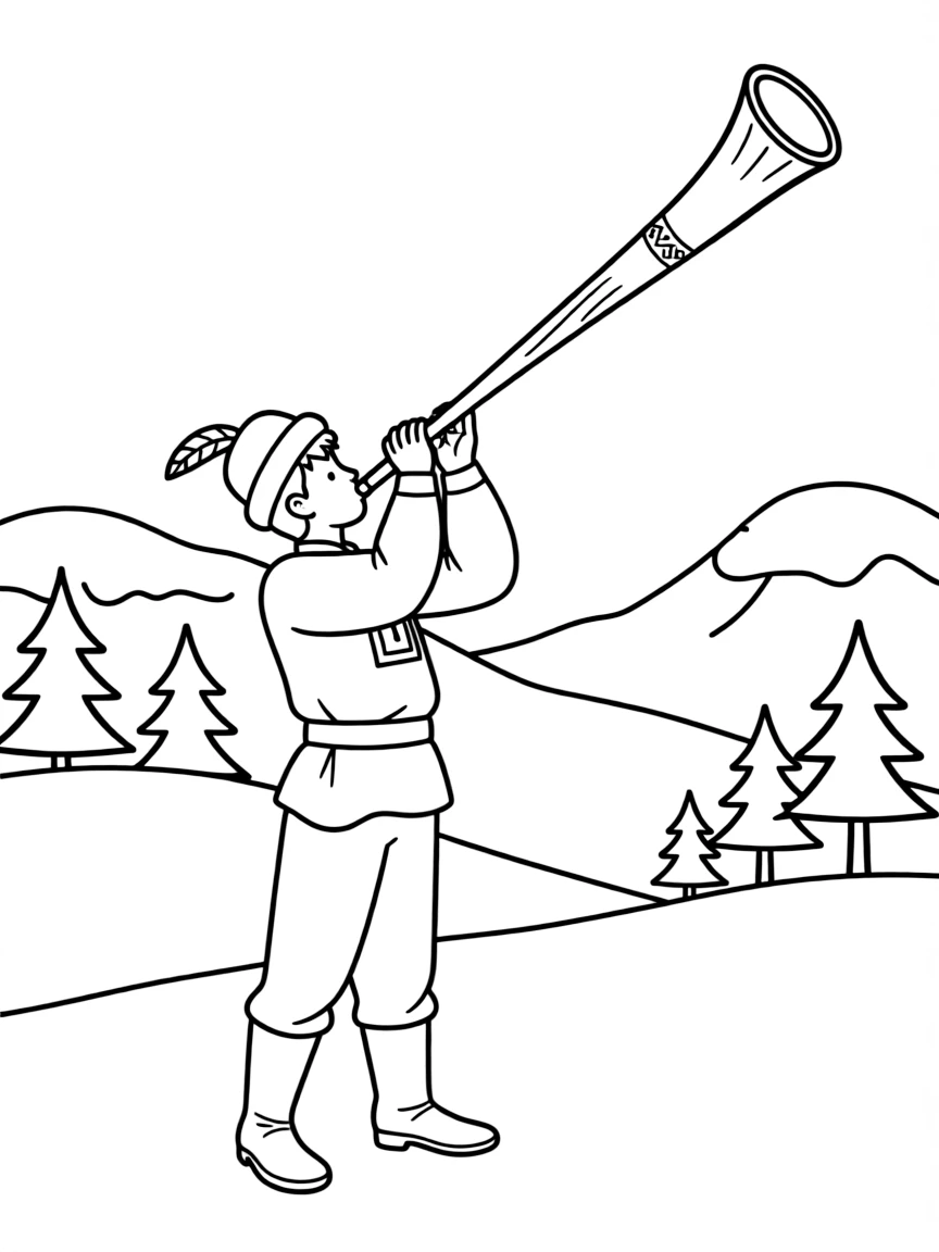 (Ukraine) A Hutsul highlander blowing a long trembita horn in the Carpathians.