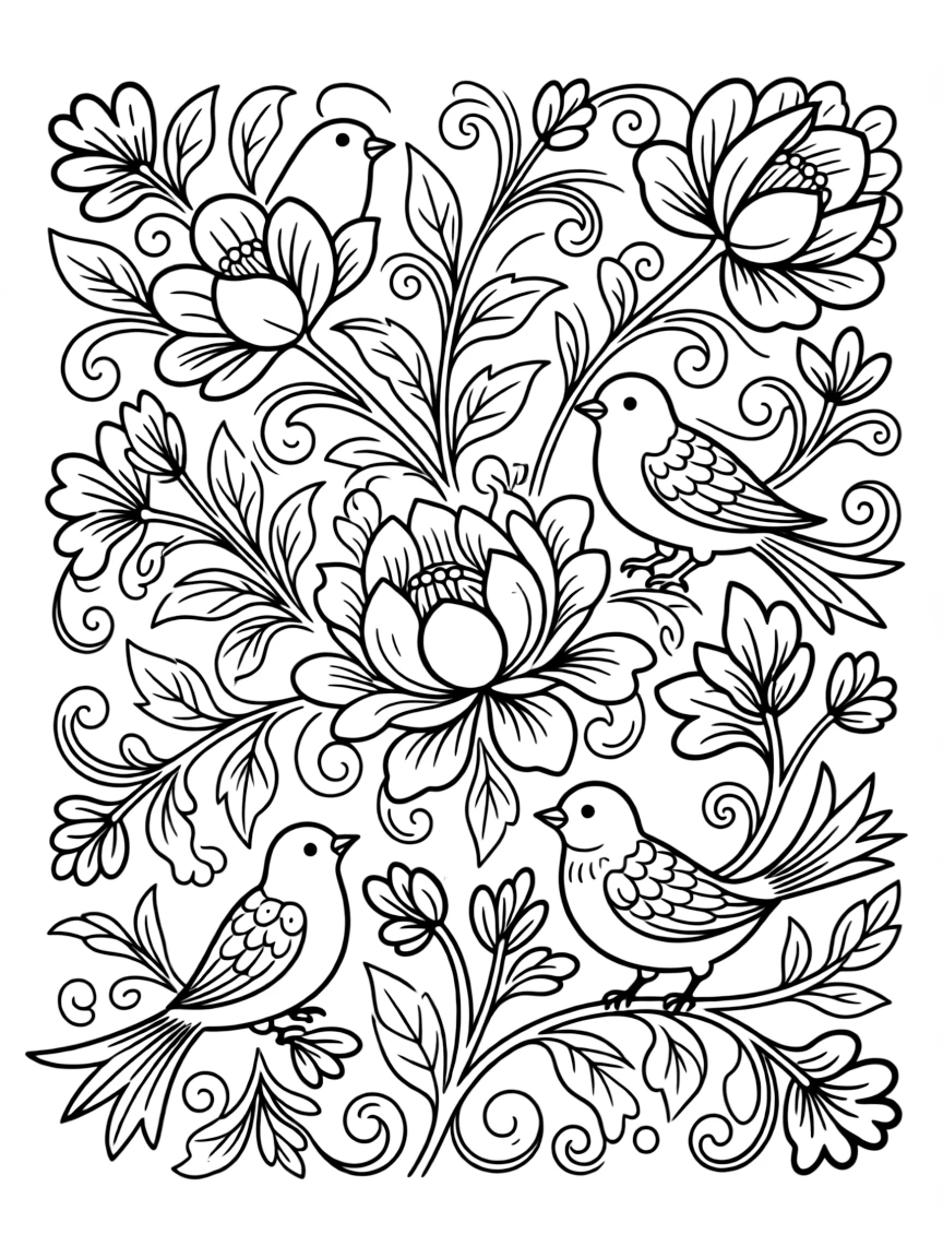 (Ukraine) A colorful Petrykivka folk art painting of flowers and birds.