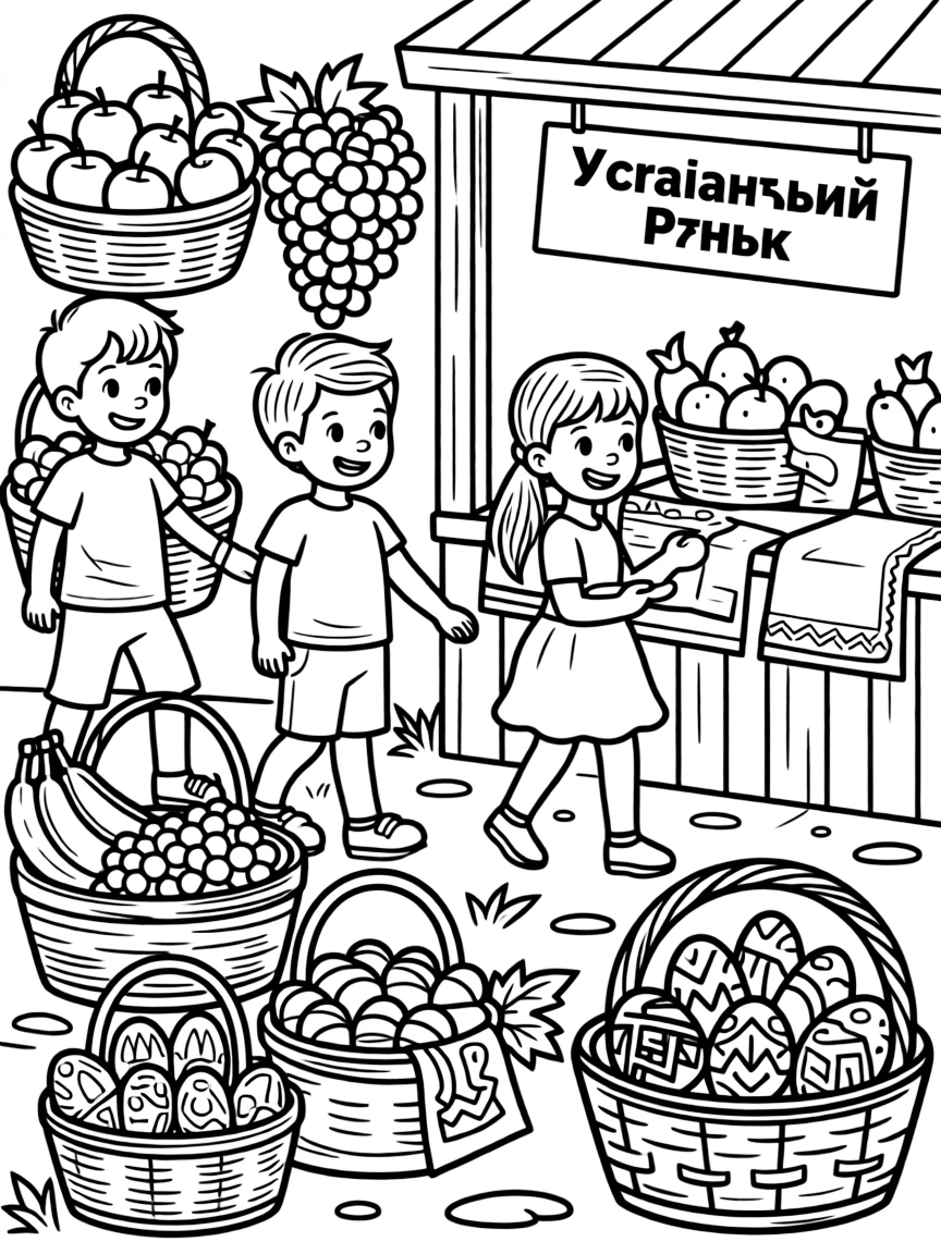 (Ukraine) A busy outdoor market with baskets of fruits and folk crafts.