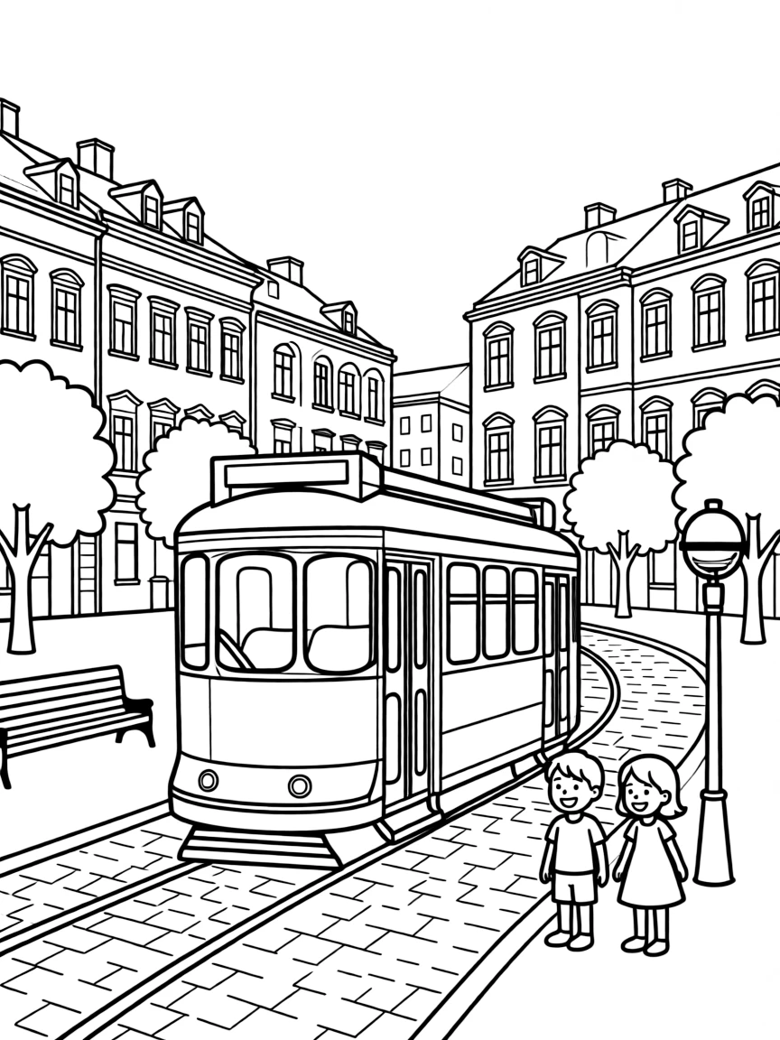 (Ukraine) An old Lviv city square with a tram and historic buildings.