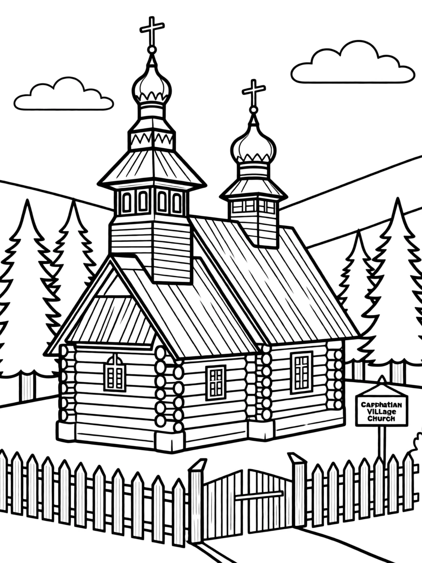 (Ukraine) A wooden church with ornate domes in a Carpathian village.