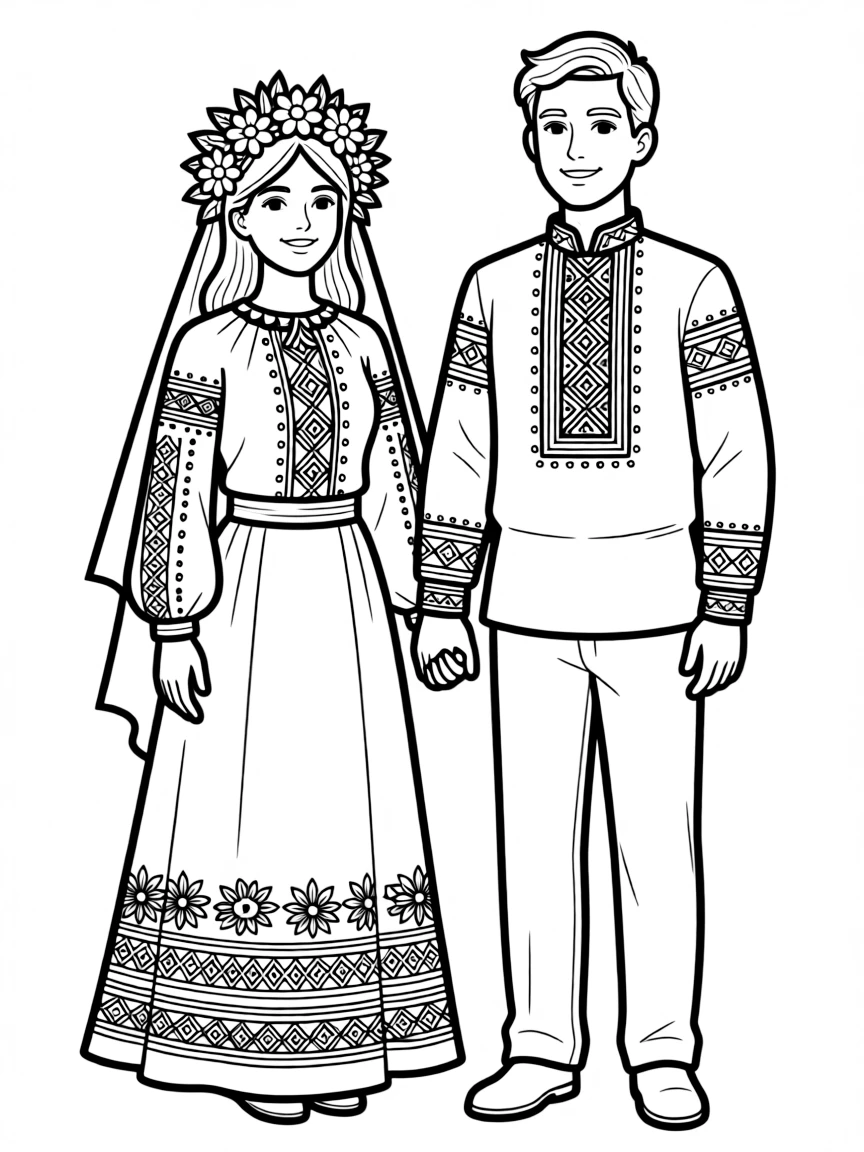 (Ukraine) A bride and groom in traditional wedding attire with wreaths and embroidery.