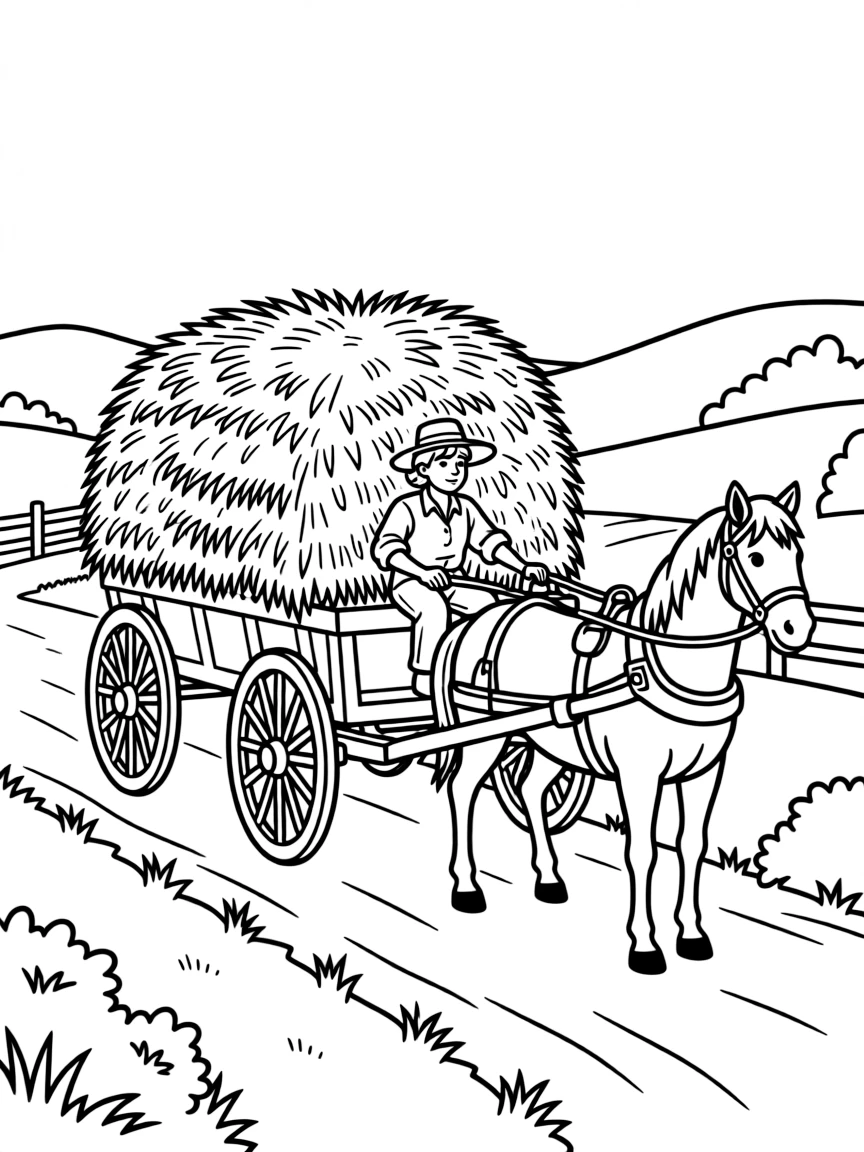 (Ukraine) A horse-drawn wagon full of hay on a country road.