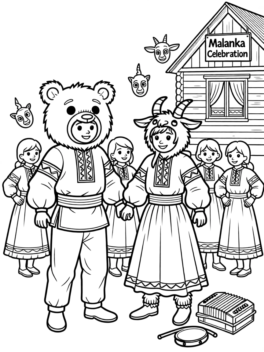 (Ukraine) Villagers in colorful costumes (bear and goat) celebrating Malanka.