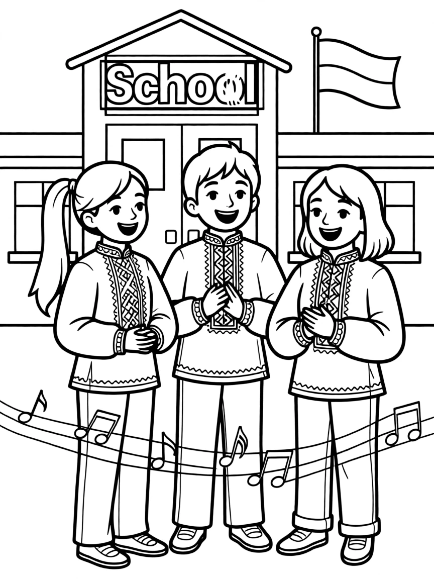 (Ukraine) Students in vyshyvankas singing a patriotic song at school.