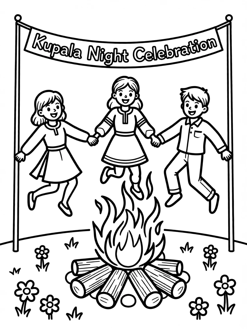 (Ukraine) Young people holding hands and jumping over a bonfire on Kupala Night.