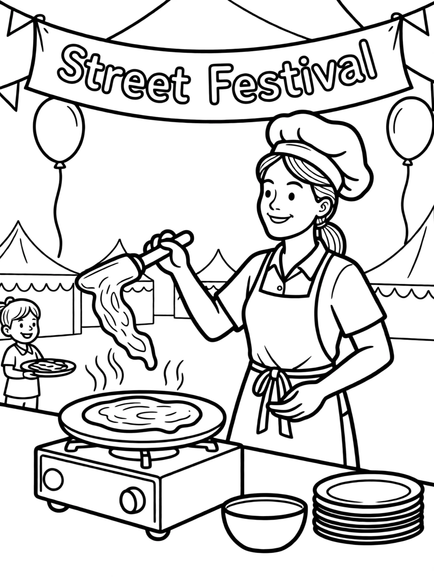 (Ukraine) A cook flipping thin crepes (nalysnyky) at a street festival.
