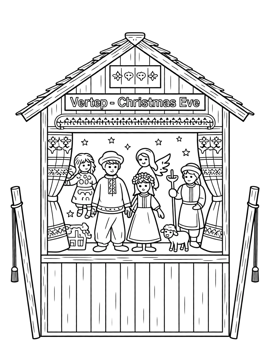 (Ukraine) A miniature puppet theater (vertep) set up for Christmas Eve.