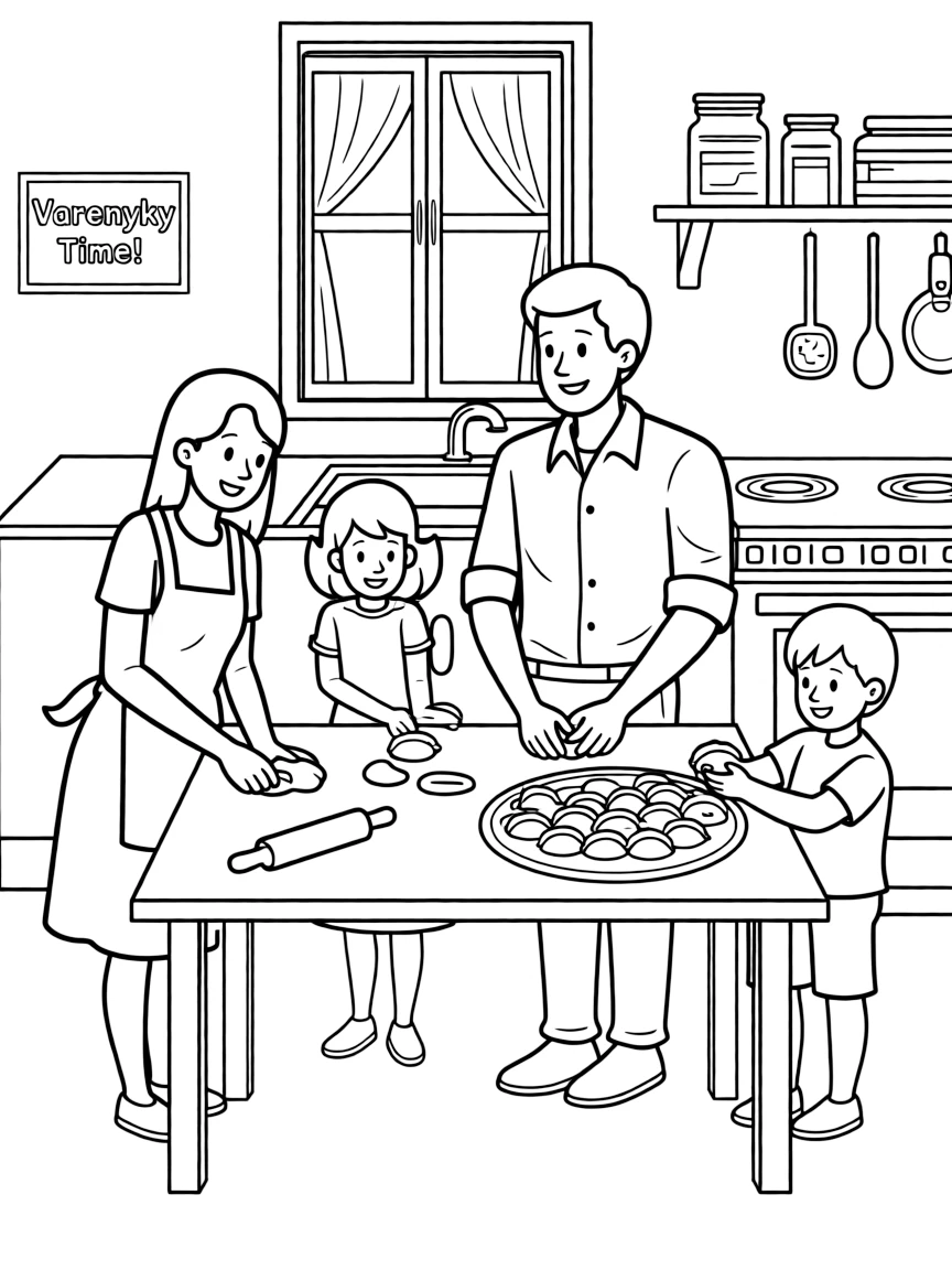 (Ukraine) A family making varenyky dumplings together in the kitchen.