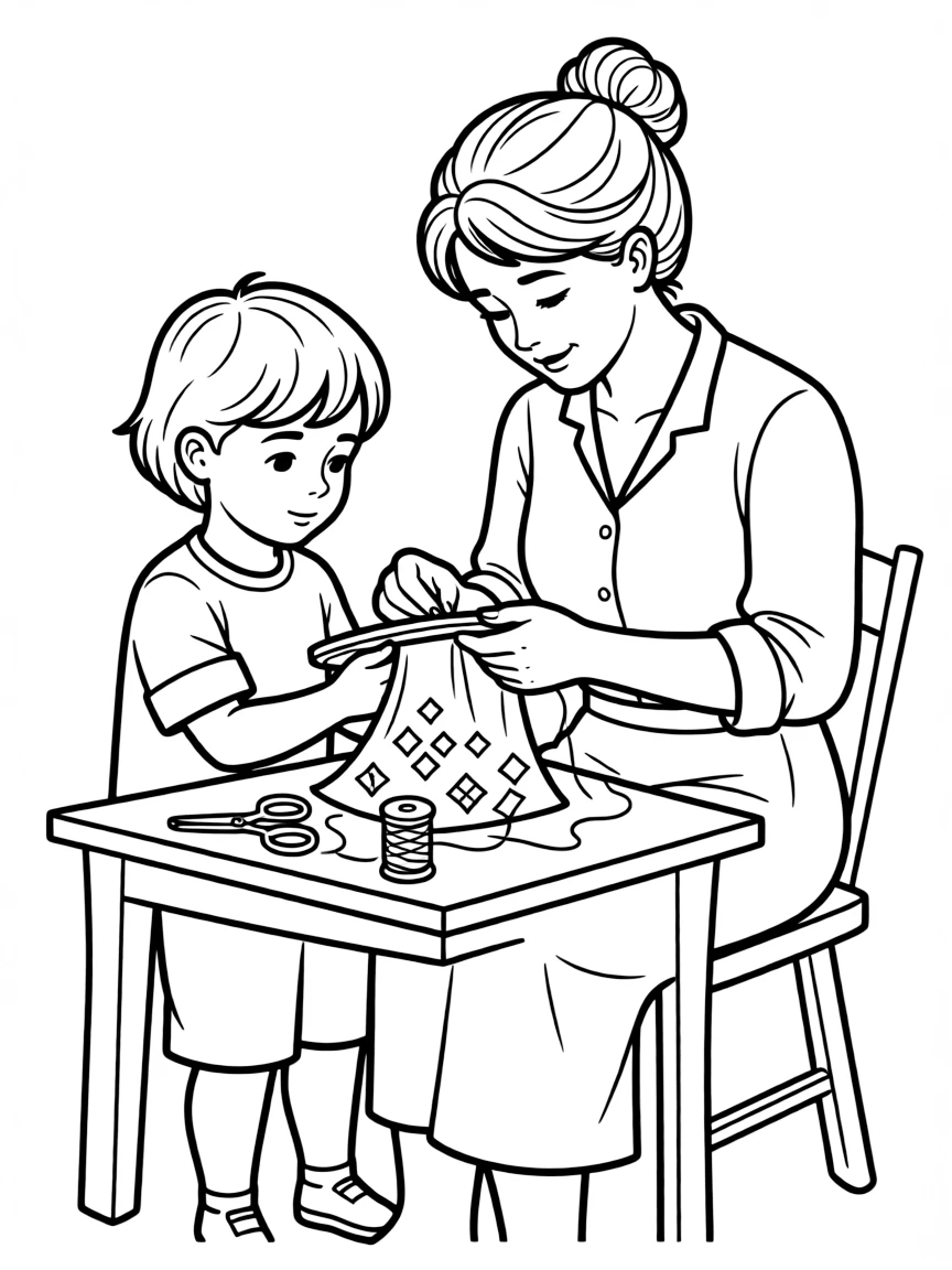 (Ukraine) A grandmother teaching a child to embroider a traditional pattern.