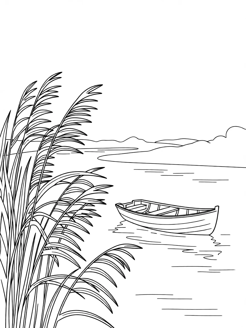 (Ukraine) A calm Dnipro River with reeds and a tiny rowboat floating.