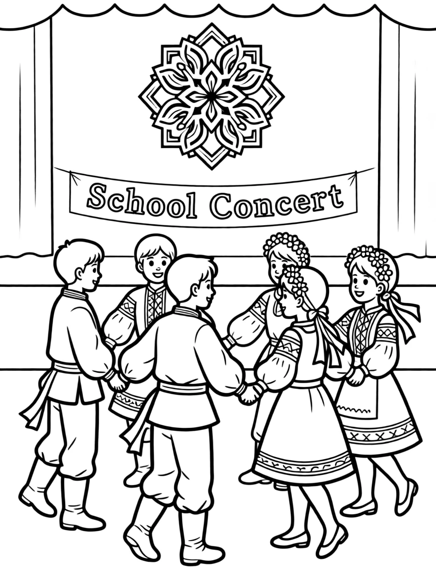(Ukraine) Children in folk costumes performing a dance at a school concert.