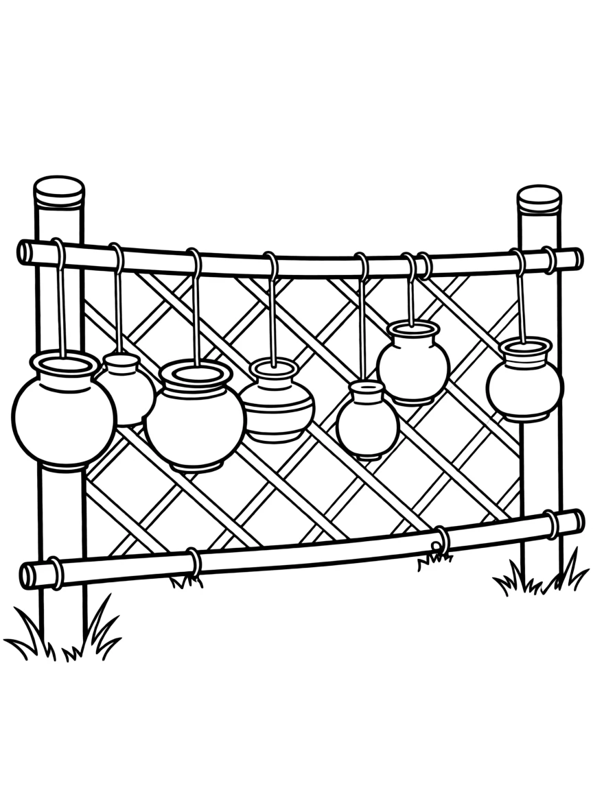 (Ukraine) A fence made of woven branches with clay pots hanging on the posts.