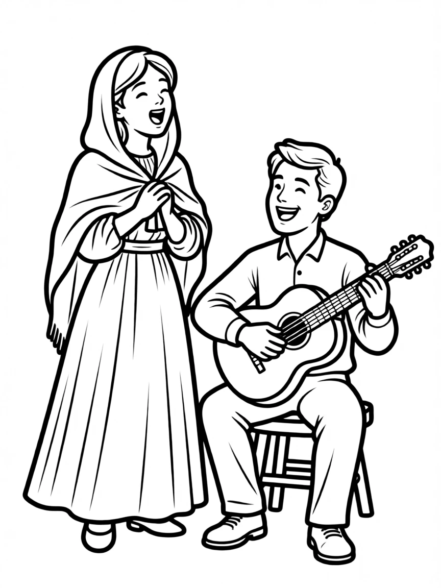 (Portugal) A lady in a shawl singing fado while a man plays Portuguese guitar.