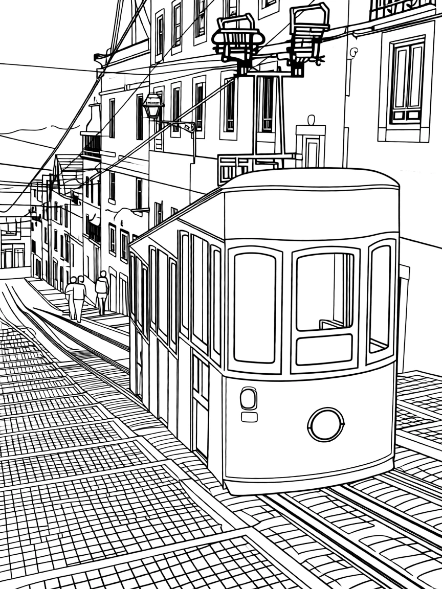 (Portugal) A historic yellow tram climbing a steep street in old Lisbon.