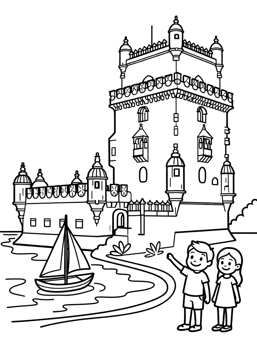 (Portugal) The medieval Tower of Belém with its turrets by the riverside.