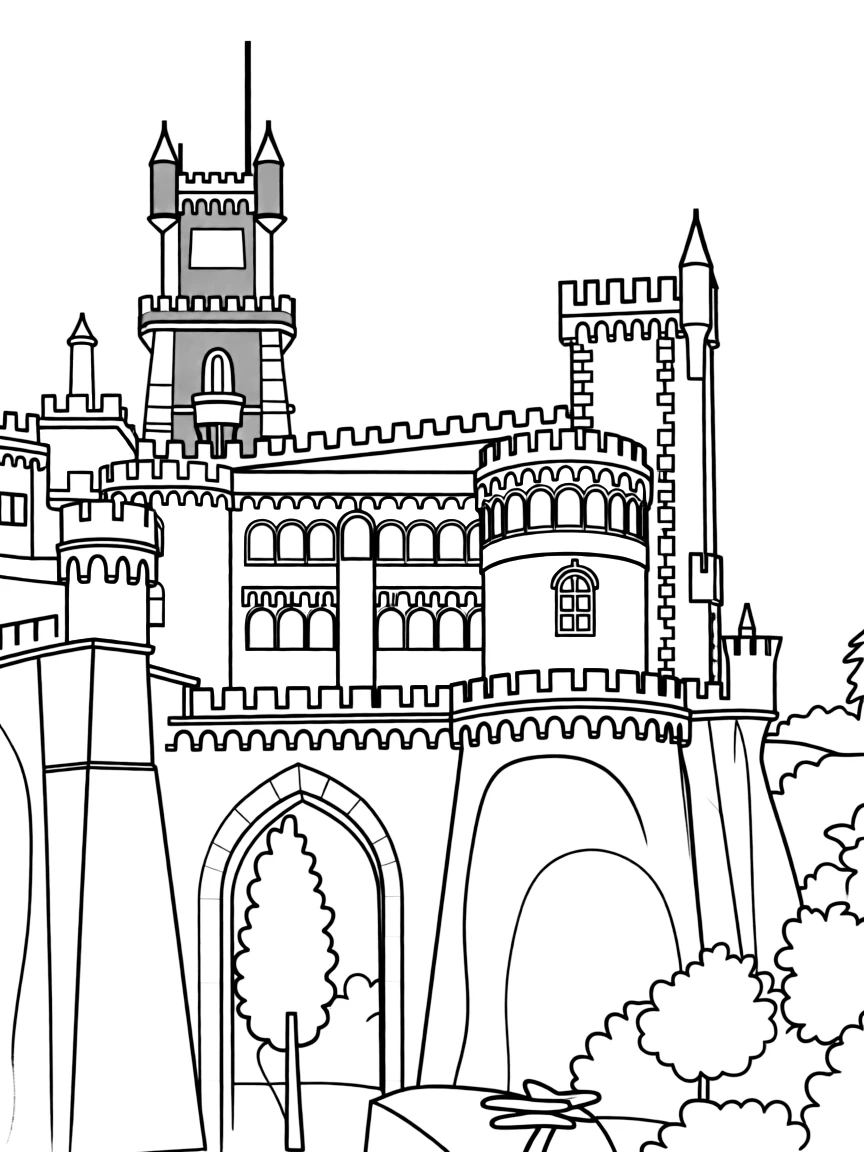 (Portugal) The vibrant Pena Palace with red and yellow towers on a hill.