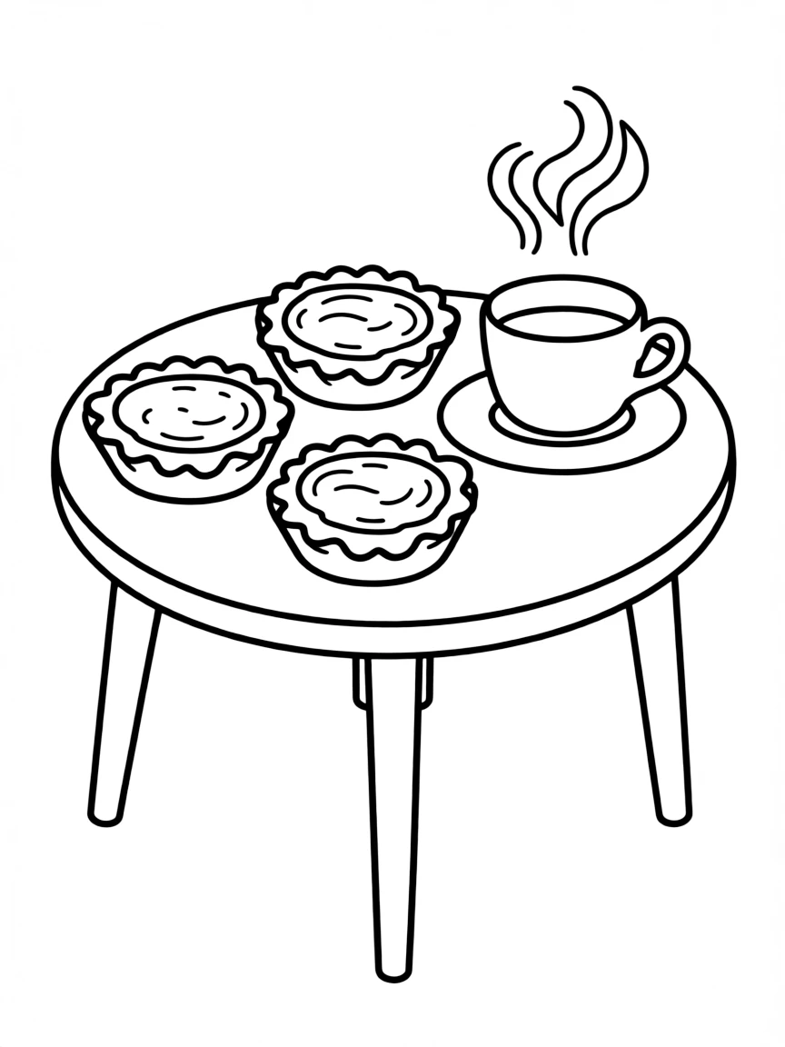 (Portugal) A café table with pastel de nata custard tarts and coffee.