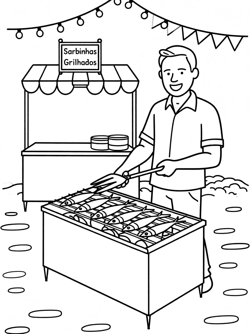 (Portugal) A street vendor grilling sardines over coals at a festival.