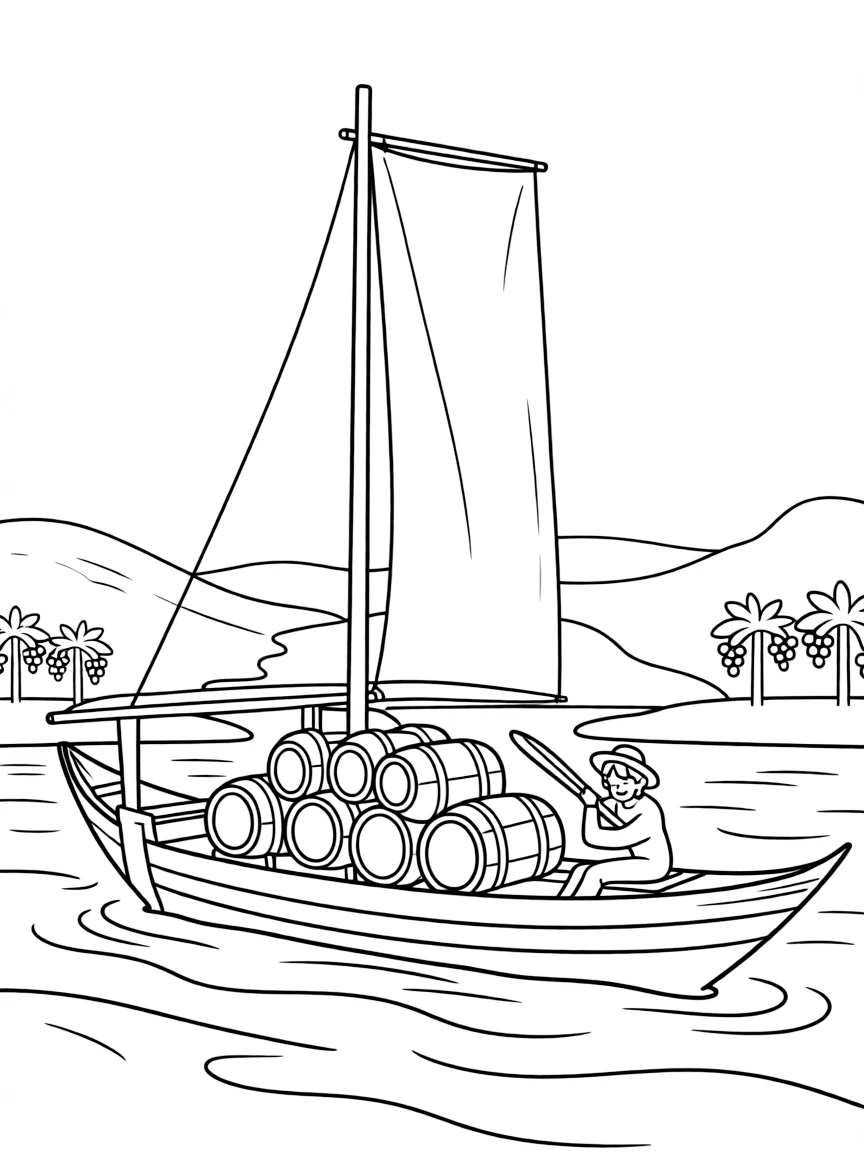 (Portugal) A traditional rabelo boat carrying wine barrels on the Douro River.