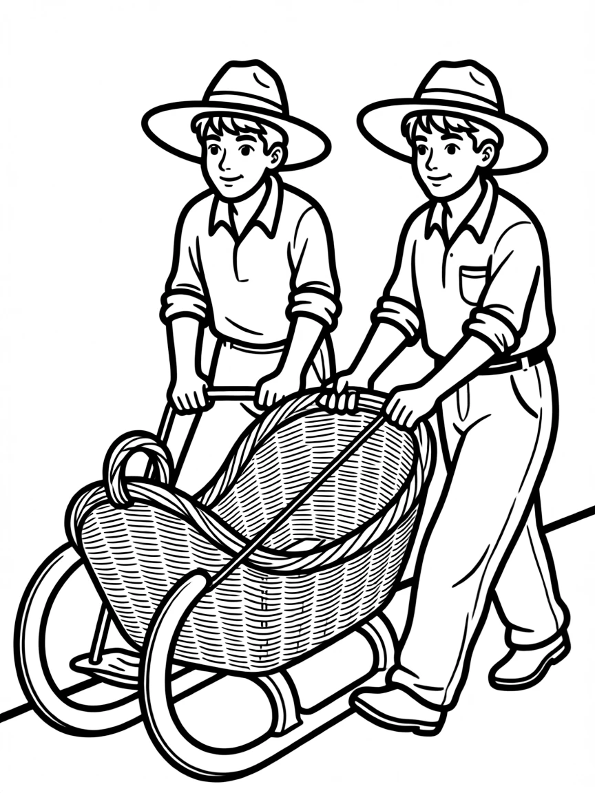 (Portugal) Two men in straw hats pushing a wicker toboggan sled in Madeira.