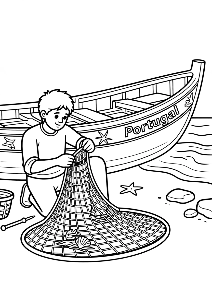 (Portugal) A fisherman mending a net beside a colorful boat on the shore.