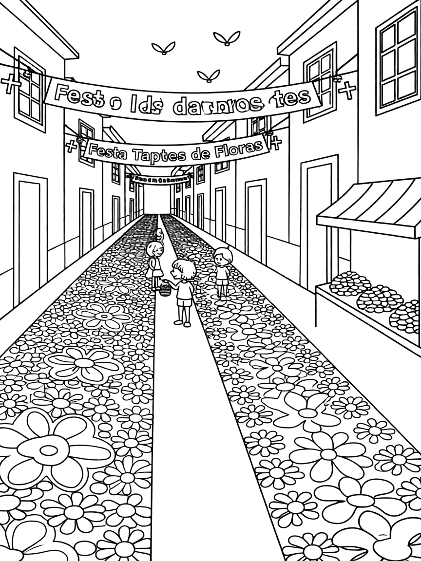 (Portugal) Streets covered in flower carpets for a religious festival.